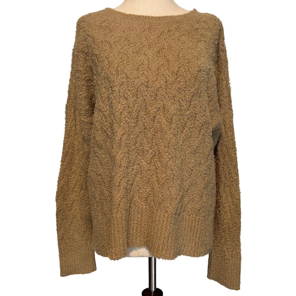 Eileen Fisher Womens L Crewneck Organic Cotton Boucle Sweater Tan Relaxed